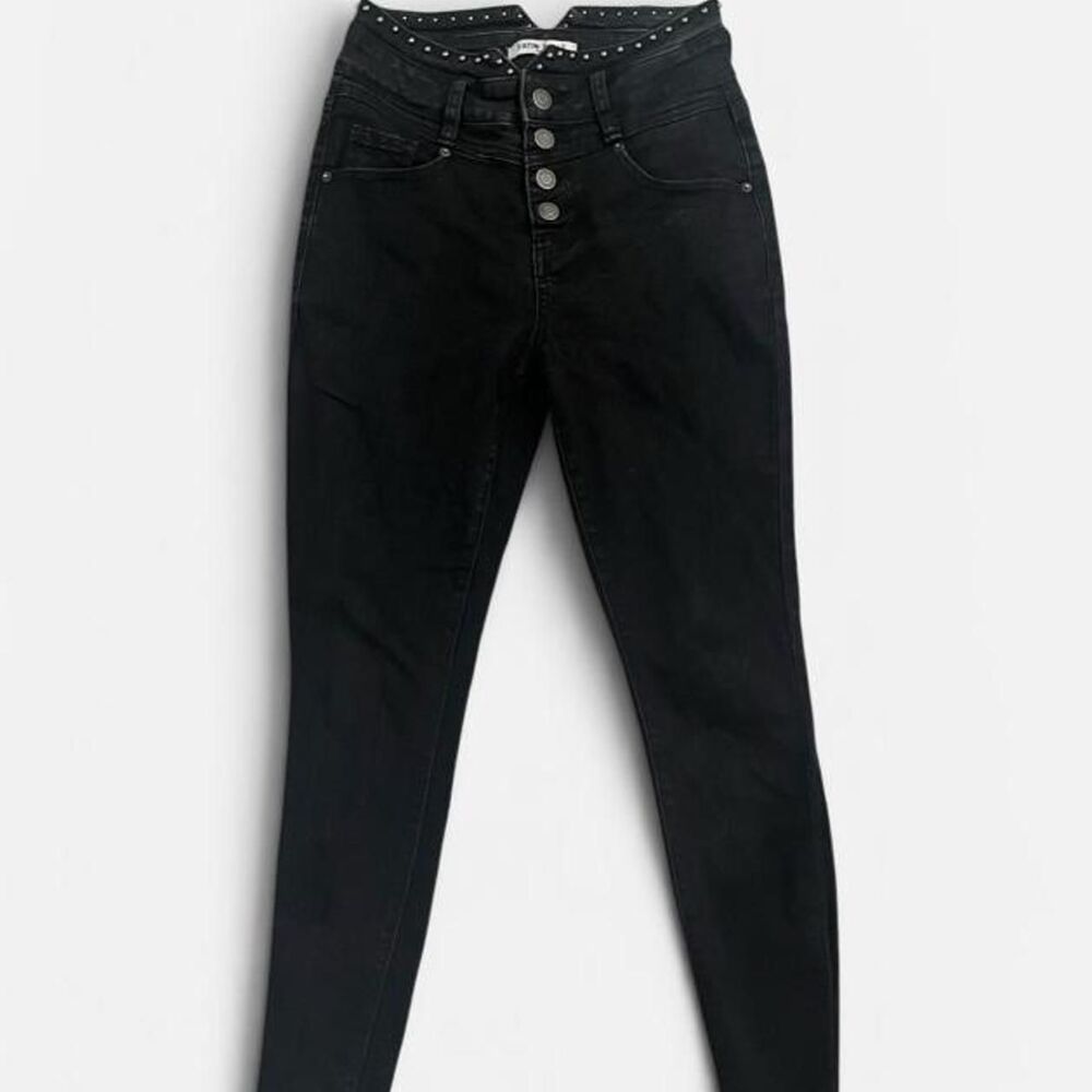 Satin Doll Black Studded V Waist High Rise Button Fly Skinny Jeans 2P